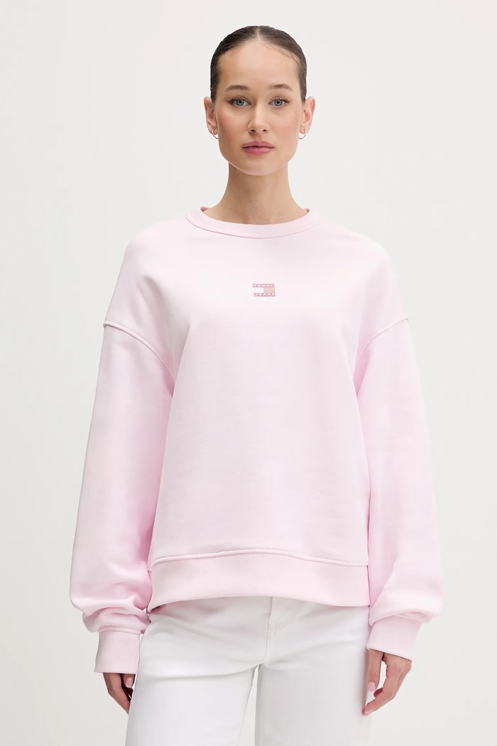 Βαμβακερή μπλούζα Tommy Jeans χωρίς κουκούλα ροζ DW0DW17325