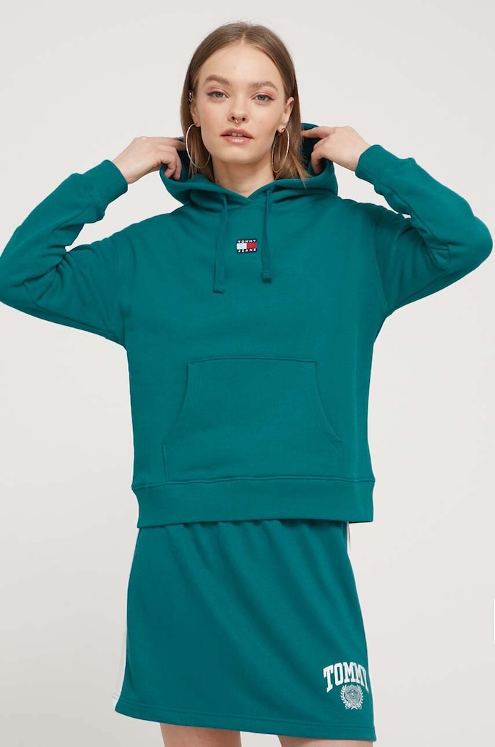 Tommy Jeans bluza bawełniana z kapturem turkusowy DW0DW17326