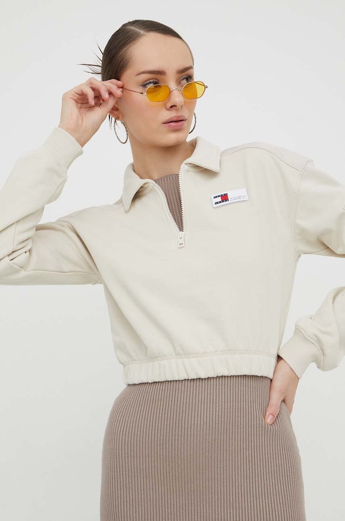 Bavlněná mikina Tommy Jeans bez kapuce béžová DW0DW17343
