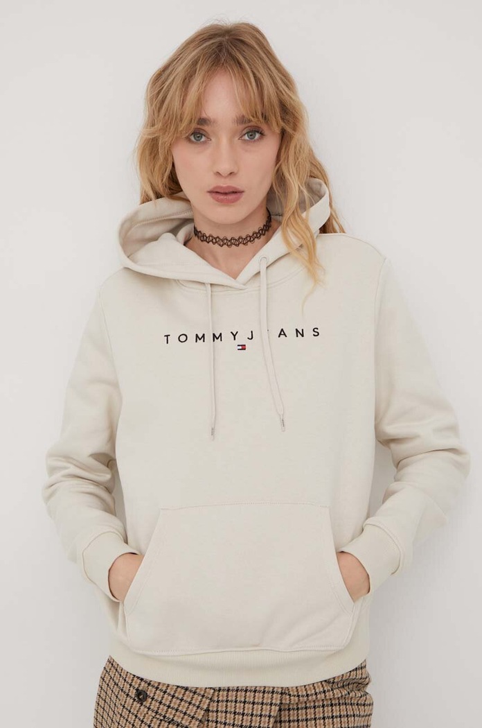 Tommy Jeans mikina s kapucí dámská bavlněná s elastanem s kapucí béžová DW0DW17324