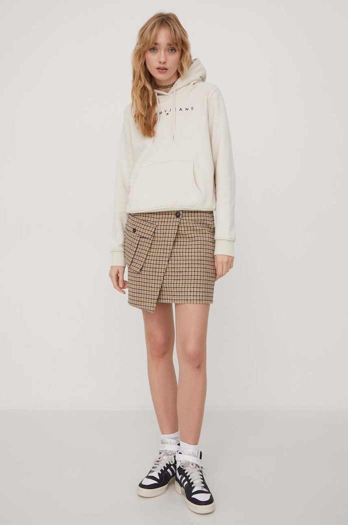 Tommy Jeans mikina s kapucí dámská bavlněná s elastanem DW0DW17324 béžová SS26