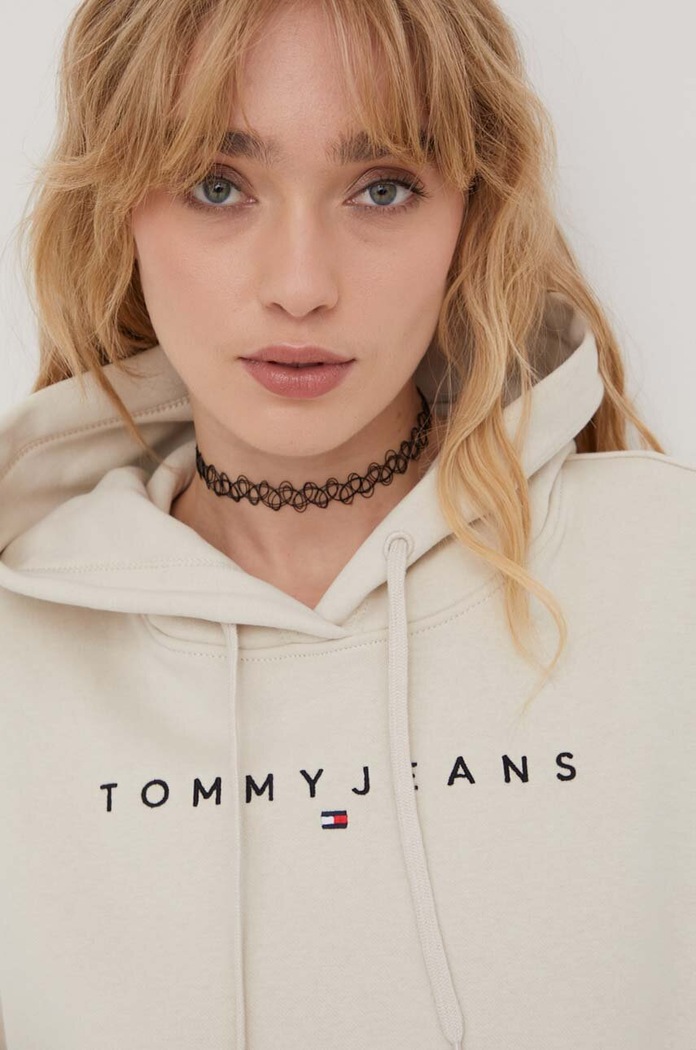 Tommy Jeans mikina s kapucí dámská bavlněná s elastanem béžová DW0DW17324