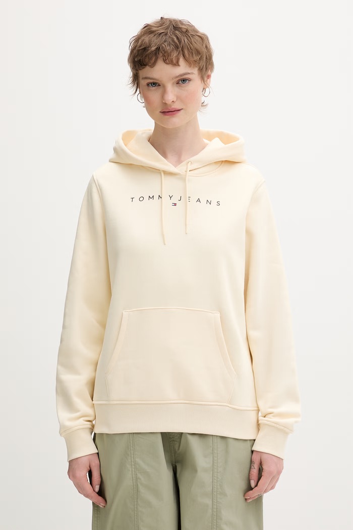 Tommy Jeans mikina s kapucňou dámska bavlnená s elastanom béžová DW0DW17324