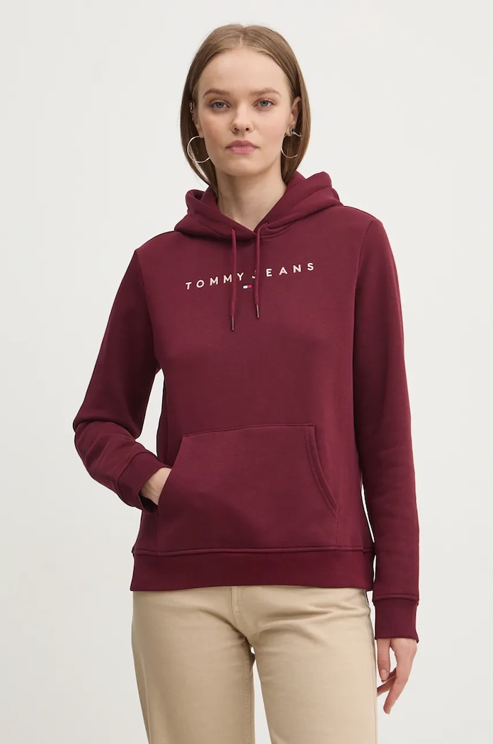 Tommy Jeans mikina s kapucí dámská bavlněná s elastanem s kapucí burgundské DW0DW17324