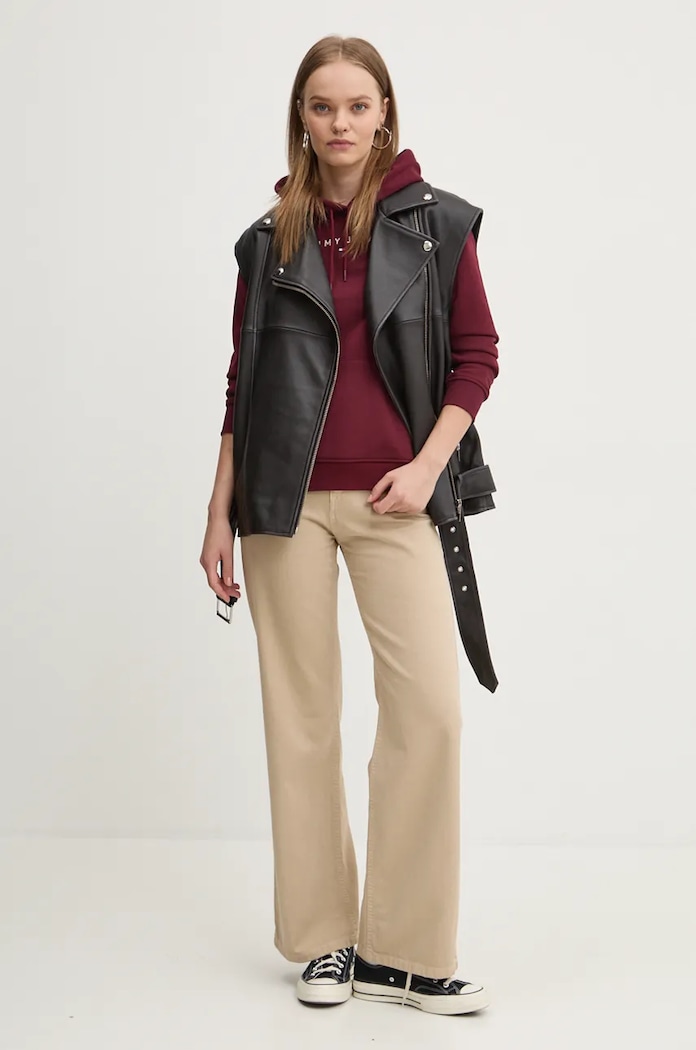 Tommy Jeans mikina s kapucí dámská bavlněná s elastanem DW0DW17324 burgundské SS26