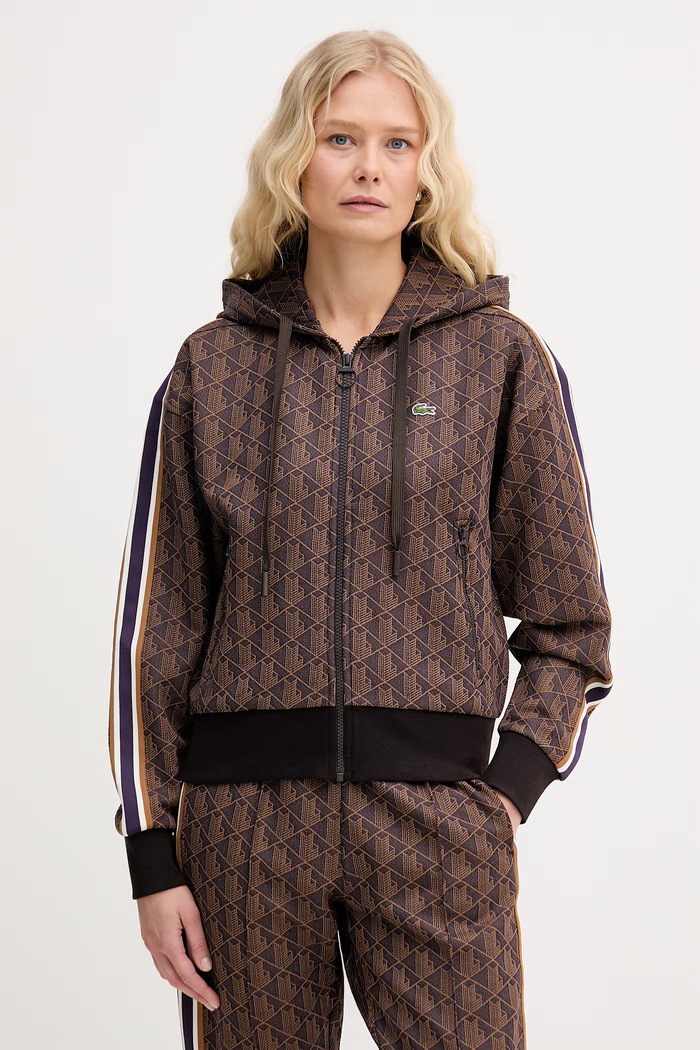Lacoste μπλούζα με κουκούλα και κουμπιά με βαμβάκι Γυναικεία καφέ SF7606