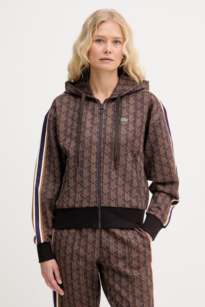 Lacoste μπλούζα με κουκούλα και κουμπιά με βαμβάκι Γυναικεία καφέ SF7606