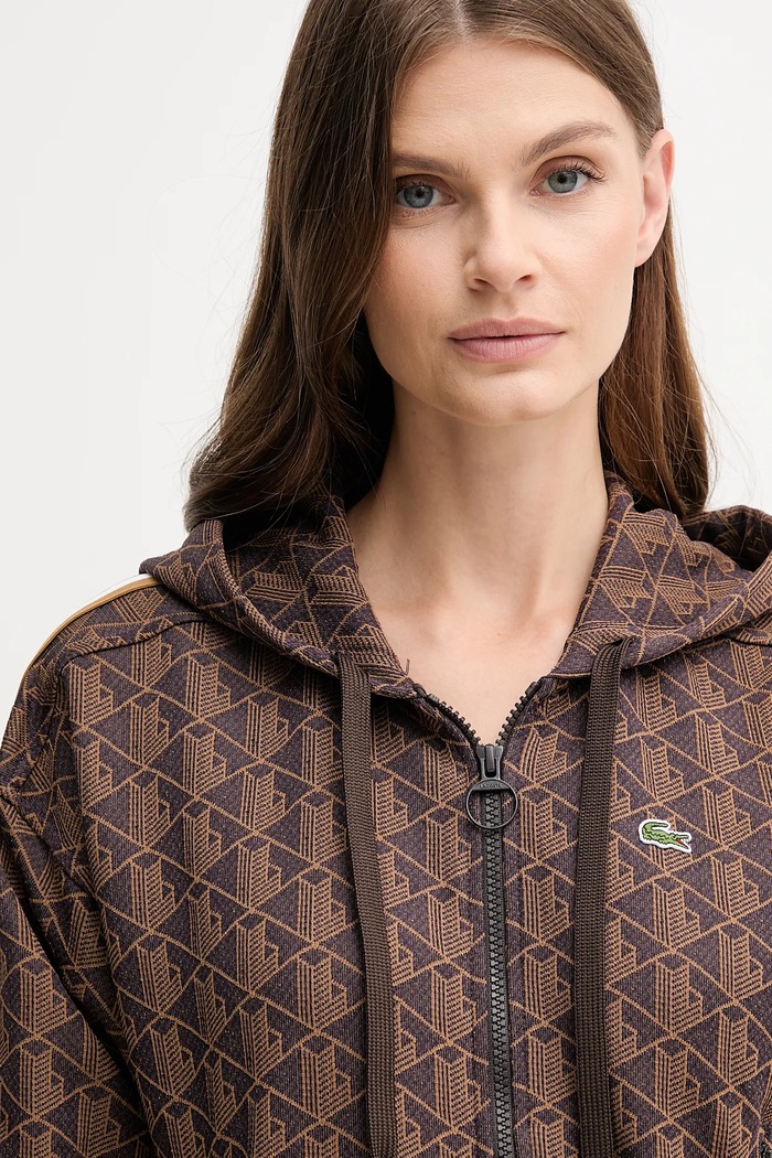 Lacoste jopica s kapuco ženska z bombažem rjava SF7606