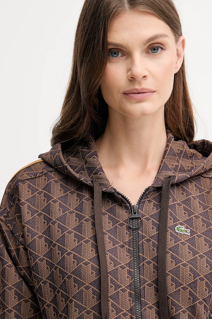 Lacoste jopica s kapuco ženska z bombažem rjava SF7606