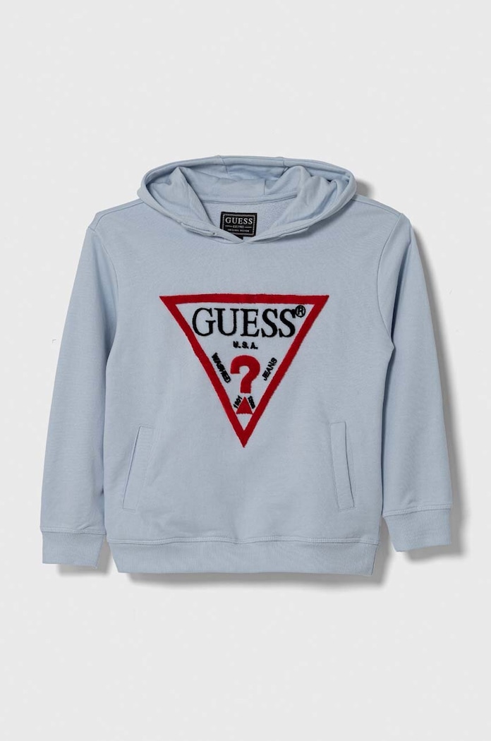 Παιδική βαμβακερή μπλούζα Guess με κουκούλα μπλε L4RQ23.KAD74.PPYH