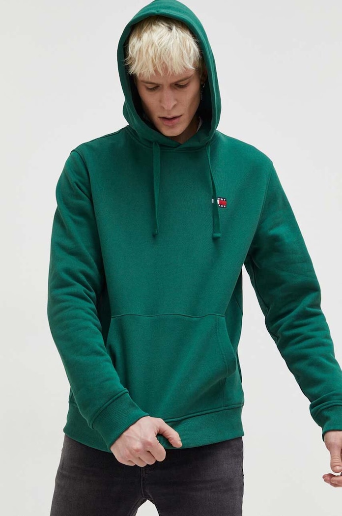 Bavlněná mikina Tommy Jeans s kapucí zelená DM0DM17988