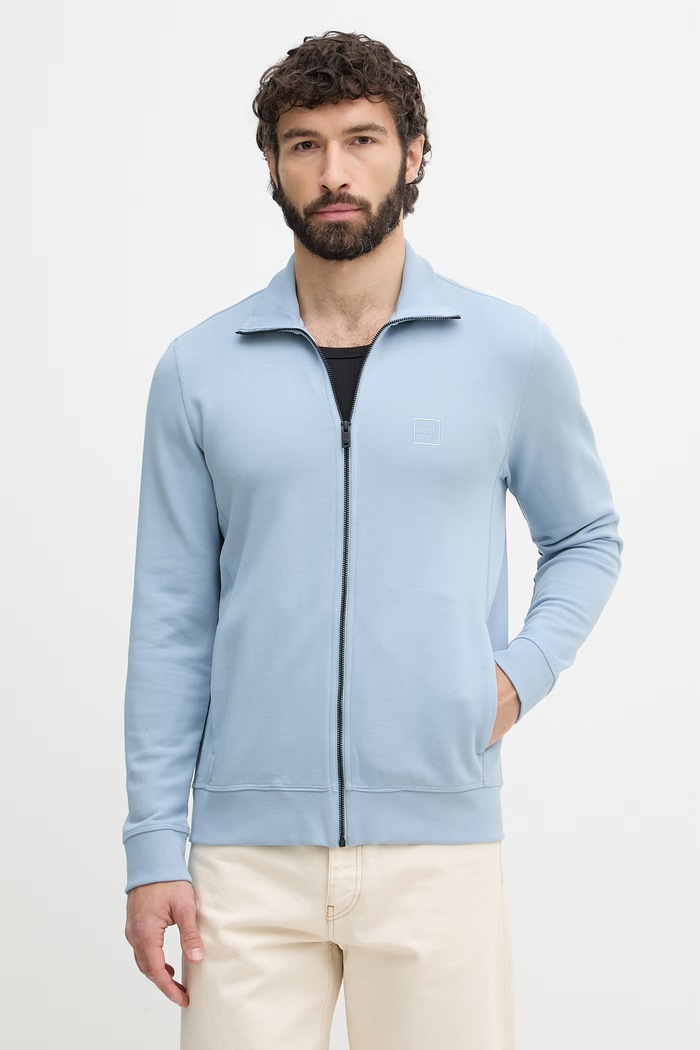 BOSS Orange mikina na zips pánska bavlnená Zestart modrá 50511709