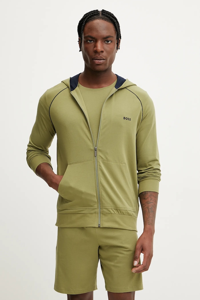 BOSS Hanorac cu fermoar și glugă pentru bărbați din bumbac cu elastan Mix&Match Jacket H verde 50515313