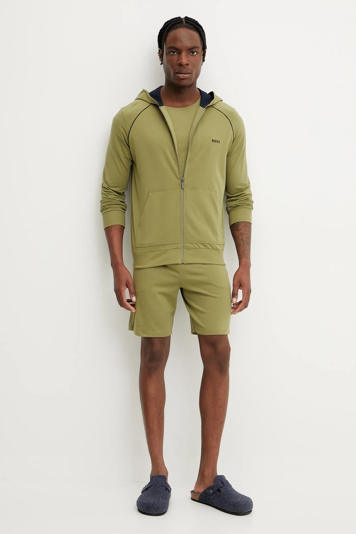 BOSS Hanorac cu fermoar și glugă pentru bărbați din bumbac cu elastan Mix&Match Jacket H 50515313 verde SS26