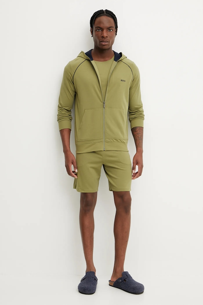 BOSS Hanorac cu fermoar și glugă pentru bărbați din bumbac cu elastan Mix&Match Jacket H 50515313 verde SS26