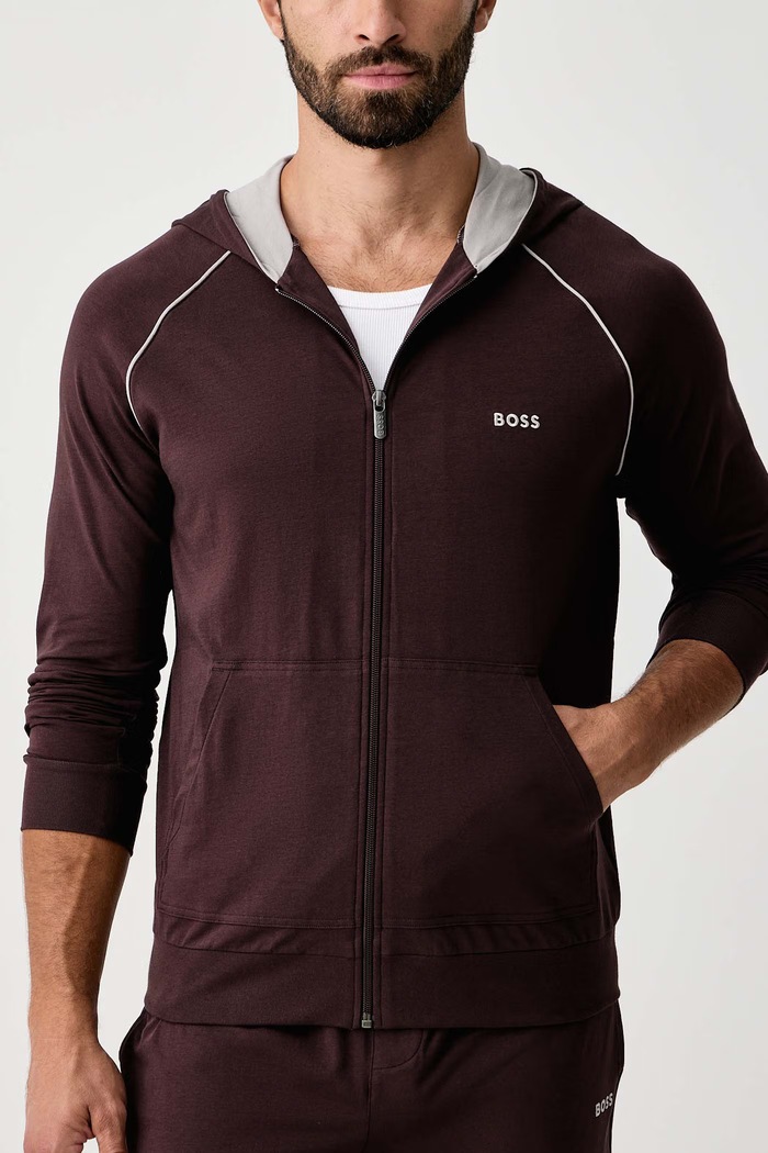 Суичър с цип и качулка мъжки от памук с еластан Mix&Match Jacket H BOSS 50515313 кафяв