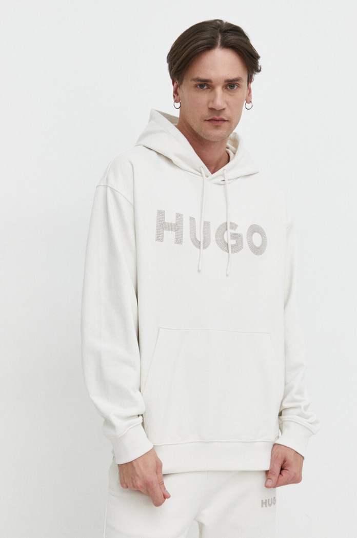 Bombažen pulover HUGO Našitek bež 50509975