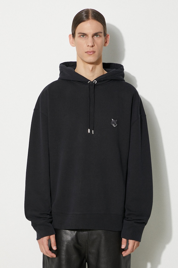 Хлопковая кофта Maison Kitsuné Bold Fox Head Patch Oversize Hoodie с капюшоном чёрный LM00705KM0001