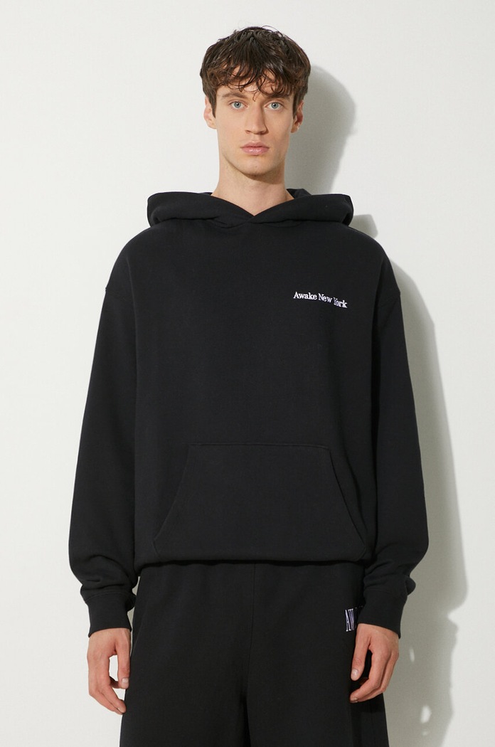 Awake NY bluza bawełniana Serif Hoodie z kapturem czarny SP24.HD003