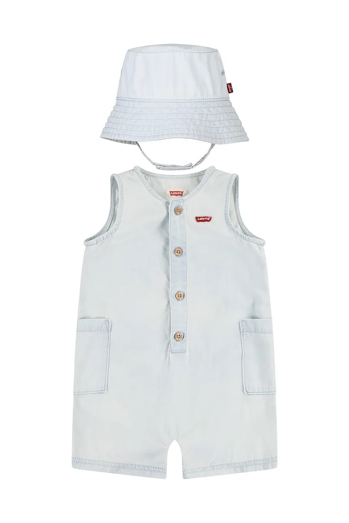 Бебешки памучен къс гащеризон Levi's LVB DENIM ROMPER & BUCKET HAT син 6EK229