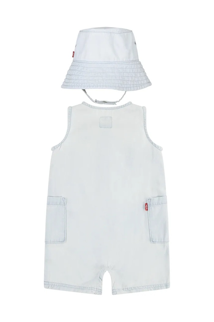 Бебешки памучен къс гащеризон Levi's LVB DENIM ROMPER & BUCKET HAT 6EK229 син SS26