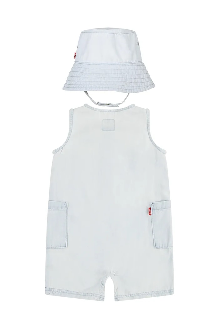 Бебешки памучен къс гащеризон Levi's LVB DENIM ROMPER & BUCKET HAT 6EK229 син SS26