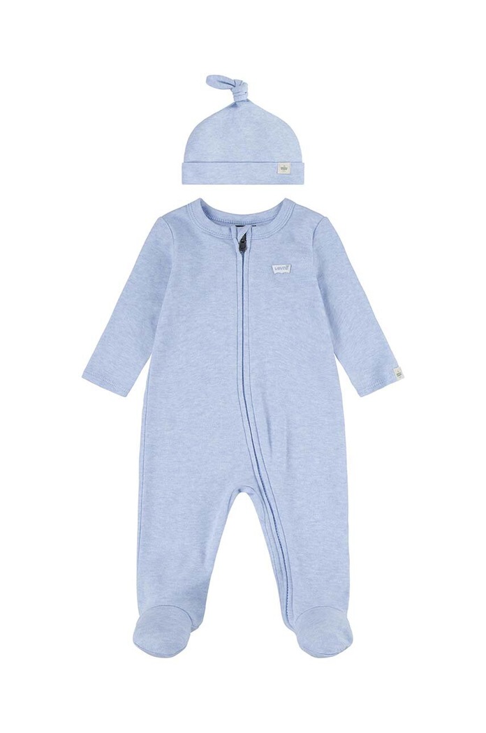 Levi's pajacyk niemowlęcy bawełniany LVN FOOTED COVERALL & HAT SET niebieski 6EK247