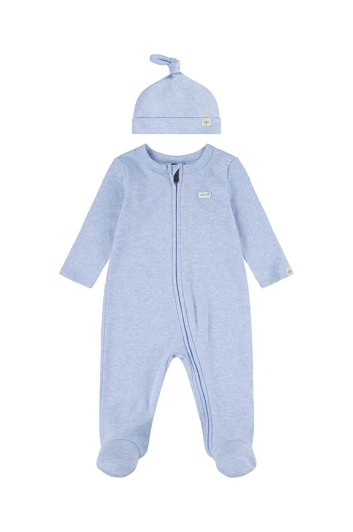 Levi's pajacyk niemowlęcy bawełniany LVN FOOTED COVERALL & HAT SET niebieski 6EK247