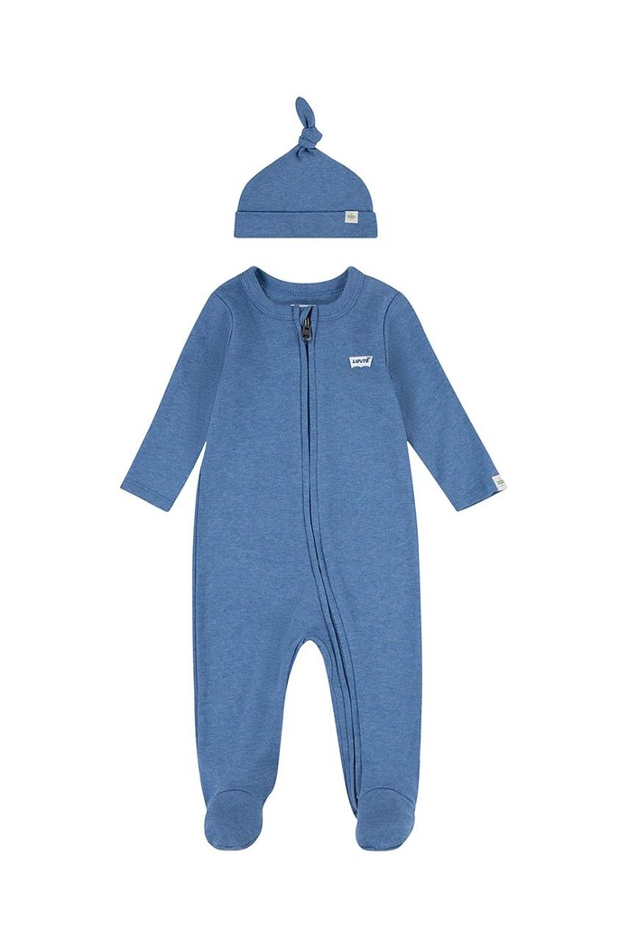 Levi's pajacyk niemowlęcy bawełniany LVN FOOTED COVERALL & HAT SET niebieski 6EK247