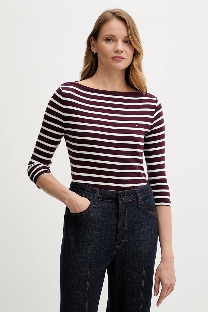 Tommy Hilfiger majica dugih rukava za žene od pamuka bez uzorka bordo WW0WW40589