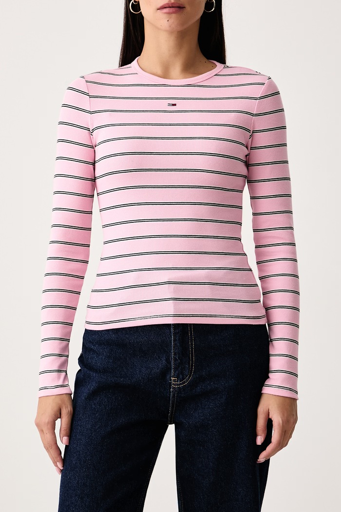 Longsleeve damski bawełniany z elastanem Tommy Jeans DW0DW17387 różowy