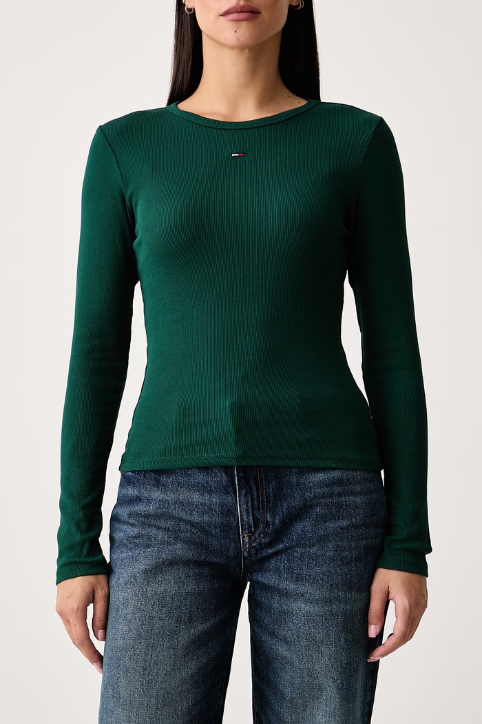 Longsleeve damski bawełniany z elastanem Tommy Jeans DW0DW17387 zielony