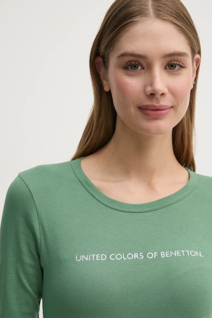 Βαμβακερή μπλούζα με μακριά μανίκια United Colors of Benetton πράσινο 3GA2E16G0