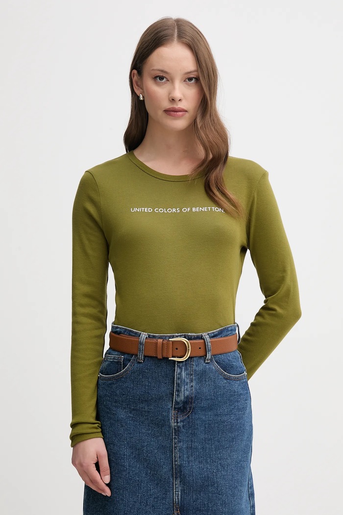 United Colors of Benetton longsleeve bawełniany nadruk zielony 3GA2E16G0