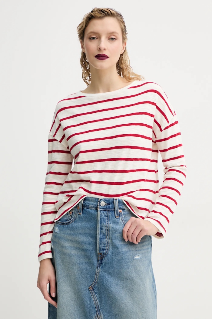 Памучна блуза с дълги ръкави Levi's райе бежов A7248