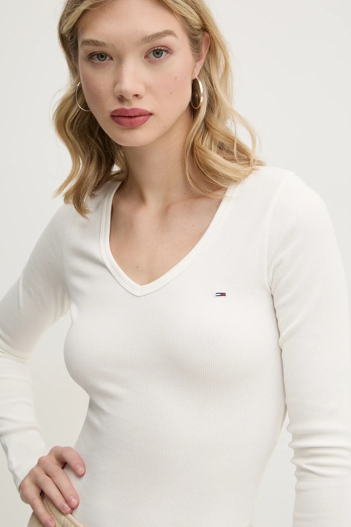 Tommy Jeans tričko s dlhým rukávom dámske s bavlnou slim béžová DW0DW17990