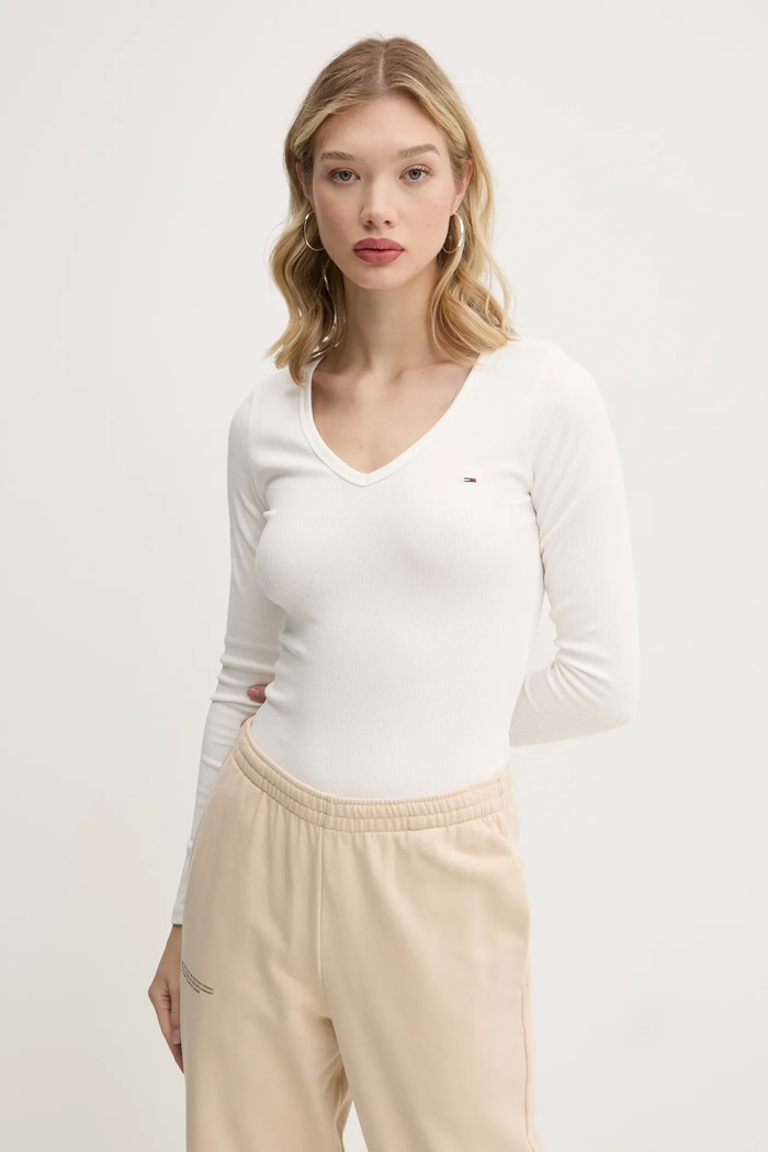 Tommy Jeans tričko s dlhým rukávom dámske s bavlnou béžová DW0DW17990