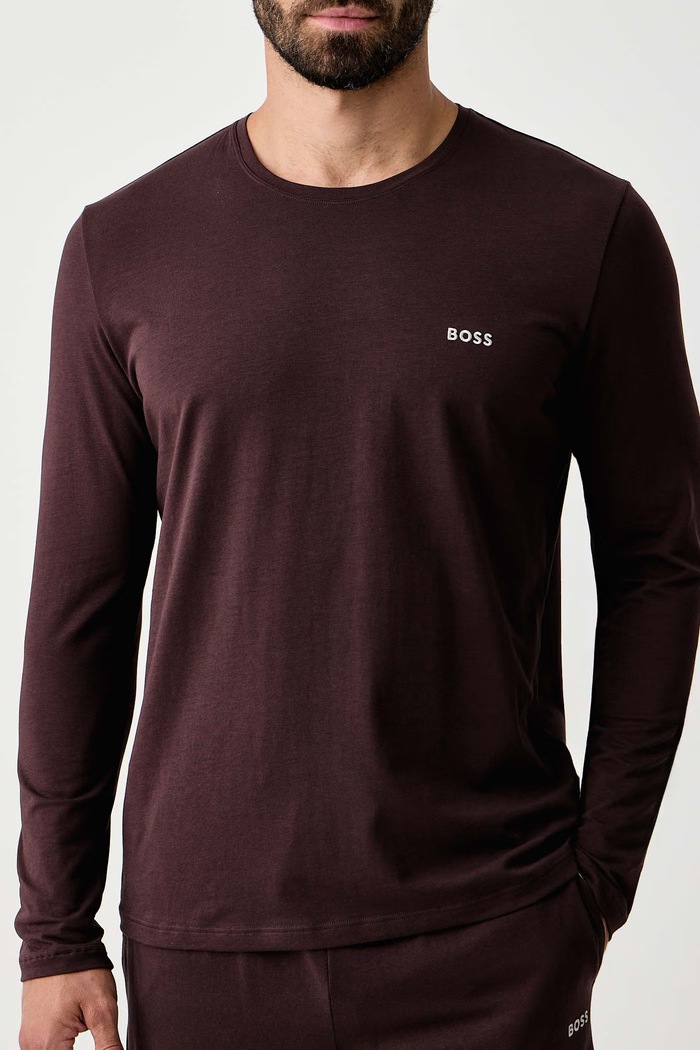 Homewear majica dugih rukava muška od pamuka s elastanom Mix&Match LS-Shirt R BOSS 50515389 smeđa