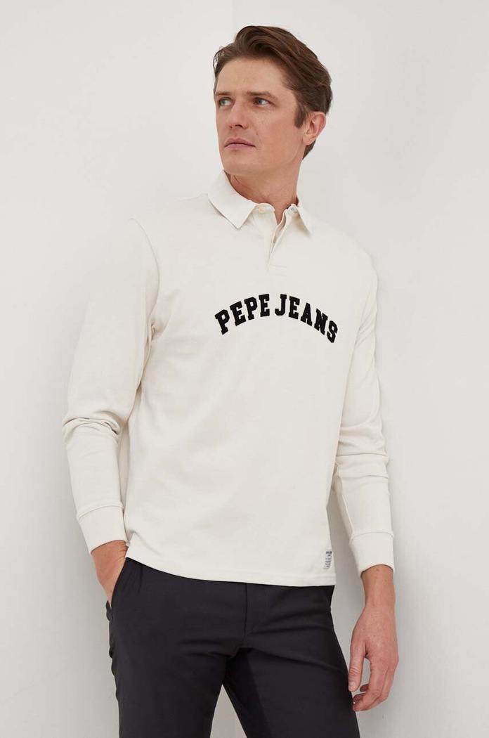 Bavlněné tričko s dlouhým rukávem Pepe Jeans Harry nášivka béžová PM542100