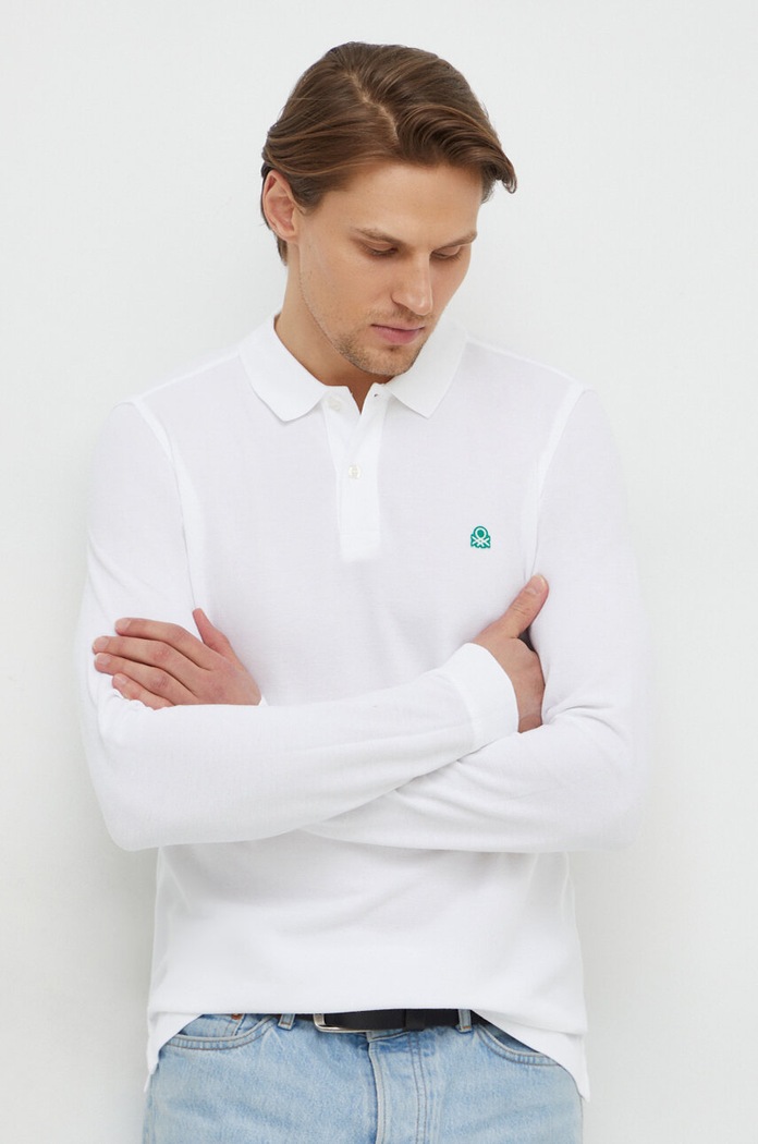 Bavlnené tričko s dlhým rukávom United Colors of Benetton jednofarebný biela 3089J3204