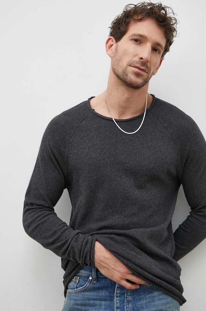 Bombažna majica z dolgimi rokavi American Vintage T-SHIRT ML COL ROND Brez vzorca siva MSON24GE24
