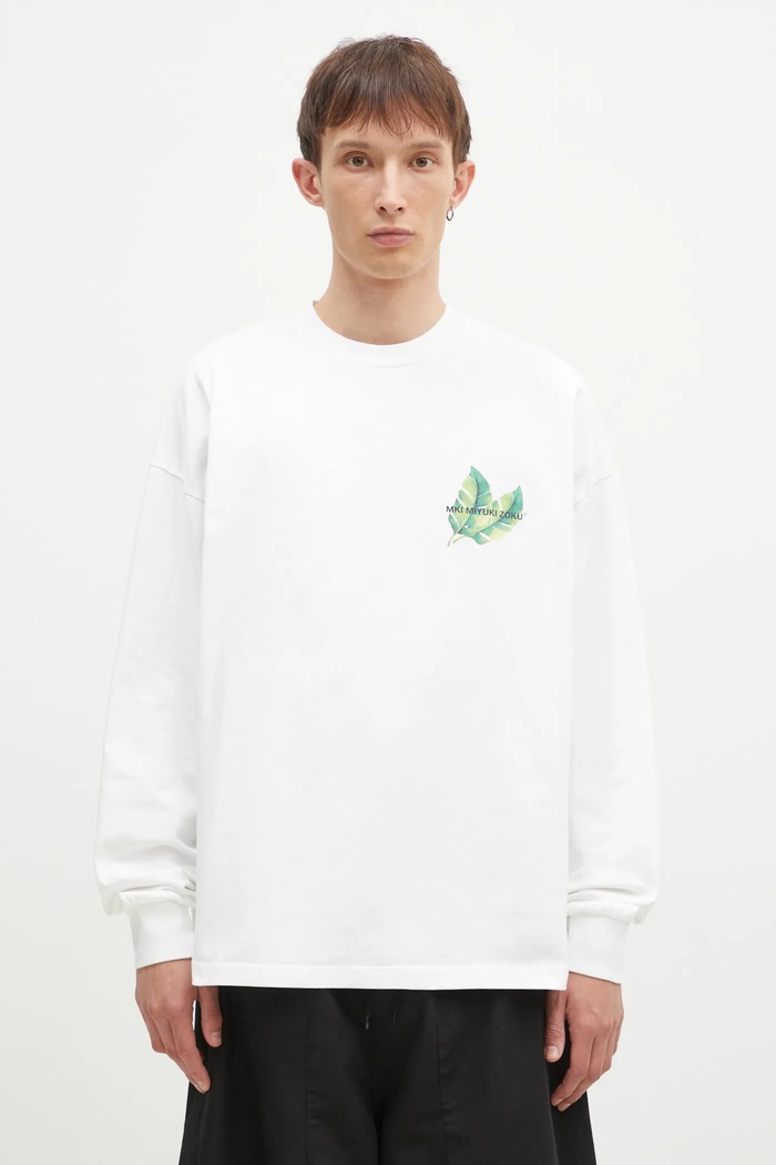 MKI MIYUKI ZOKU Top a maniche lunghe in cotone Leaf Long Sleeve Tee bianco LEAF.LONG.SLEEVE.TEE