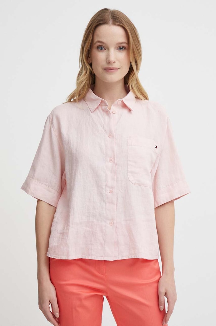 Ľanová košeľa Tommy Hilfiger relaxed ružová WW0WW41392