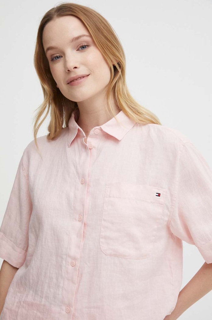 Ľanová košeľa Tommy Hilfiger ružová WW0WW41392
