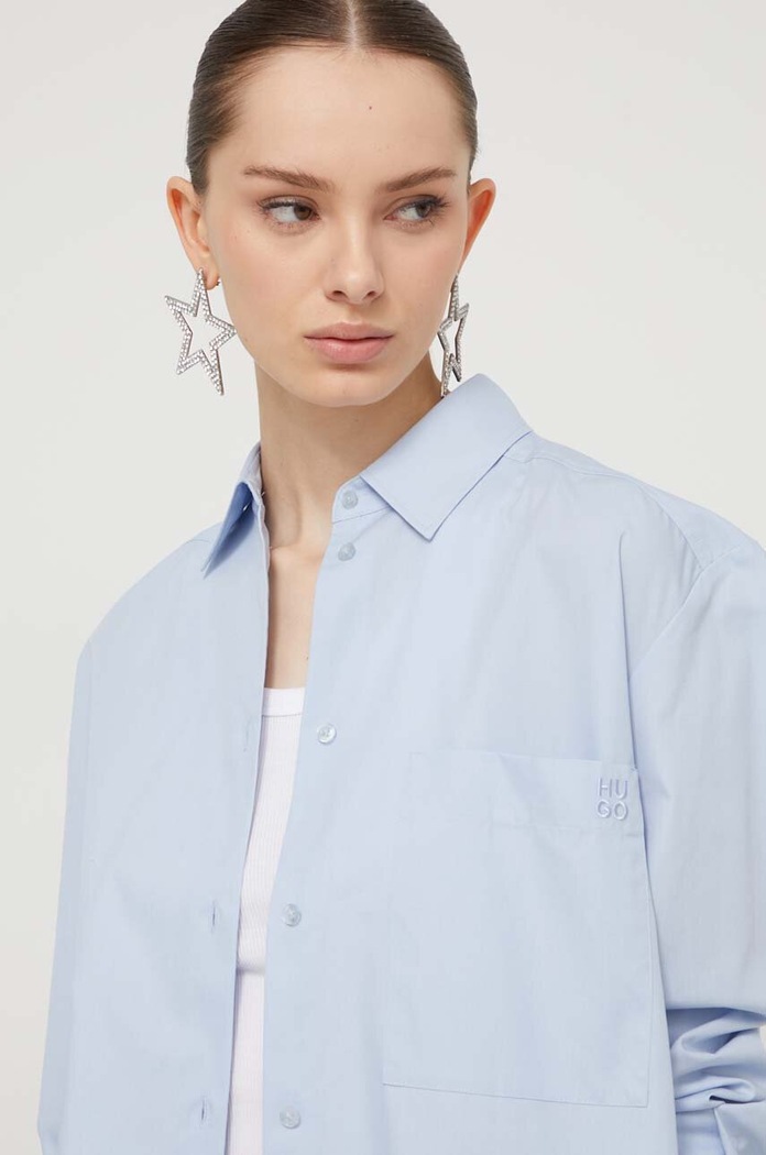 Бавовняна сорочка HUGO The Oversize Shirt блакитний 50515741