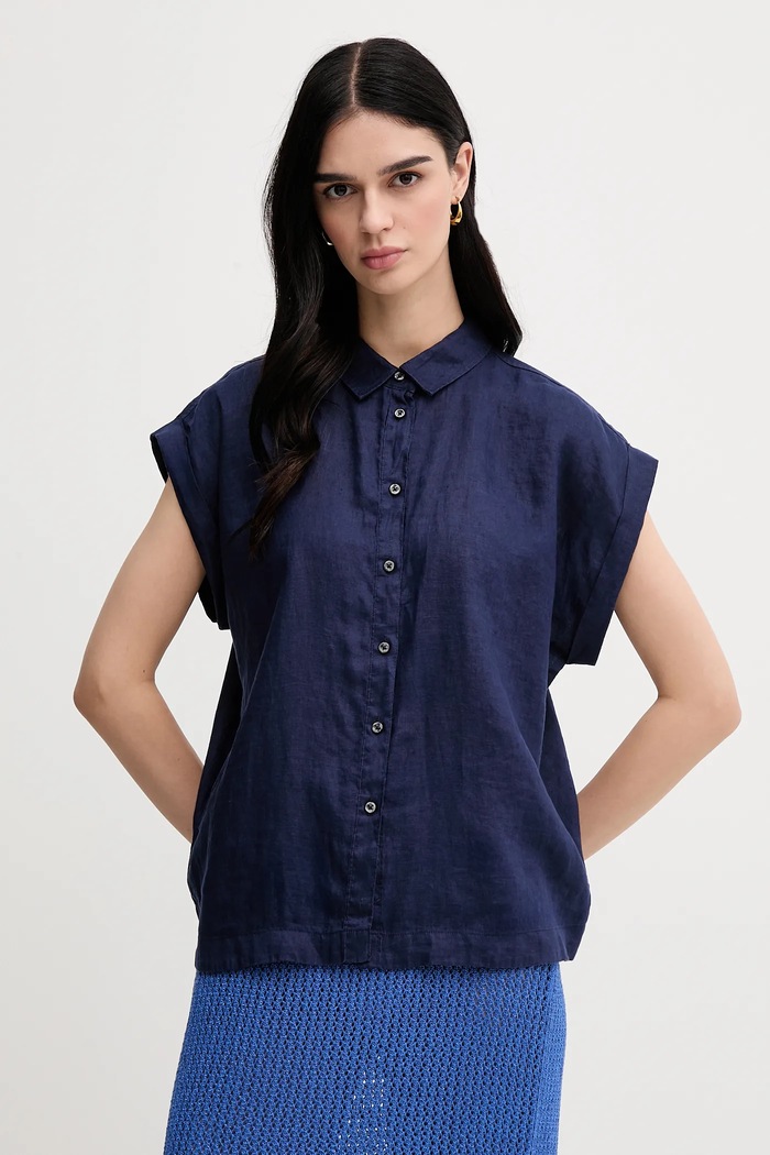 Lanena košulja United Colors of Benetton mornarsko plava 5BMLDQ06V
