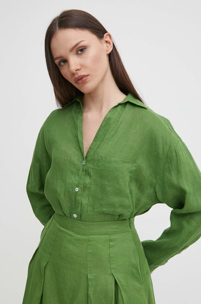 Сорочка з льону United Colors of Benetton зелений 5BMLDQ078