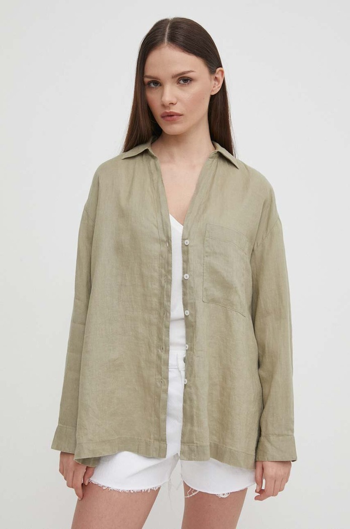 United Colors of Benetton koszula lniana klasyczny zielony 5BMLDQ078