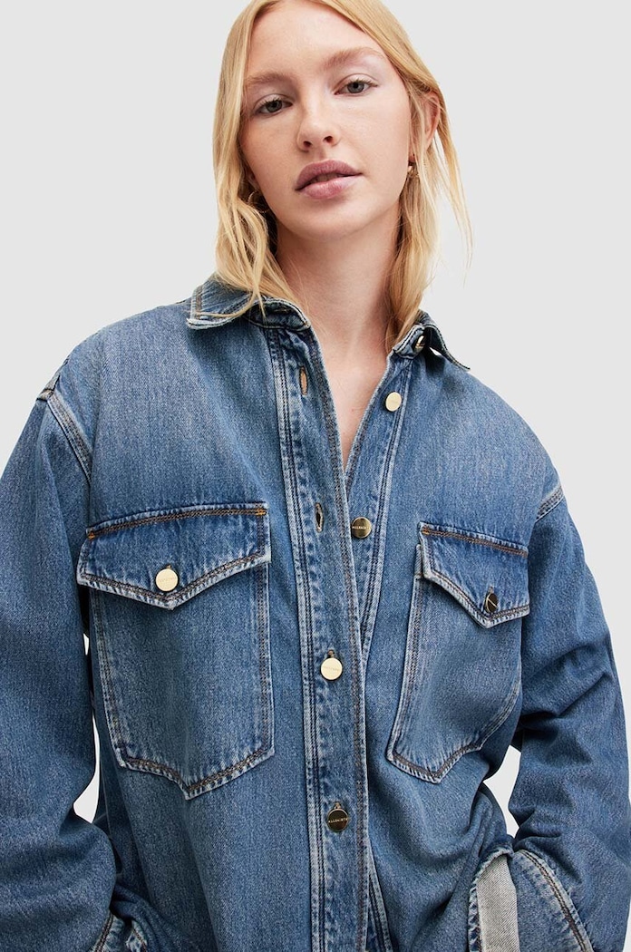 AllSaints Βαμβακερό τζιν πουκάμισο AllSaints Alba WH518Z τιρκουάζ SS24