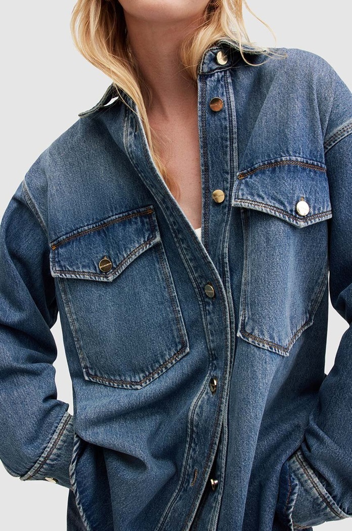 Ρούχα AllSaints Βαμβακερό τζιν πουκάμισο AllSaints Alba WH518Z τιρκουάζ